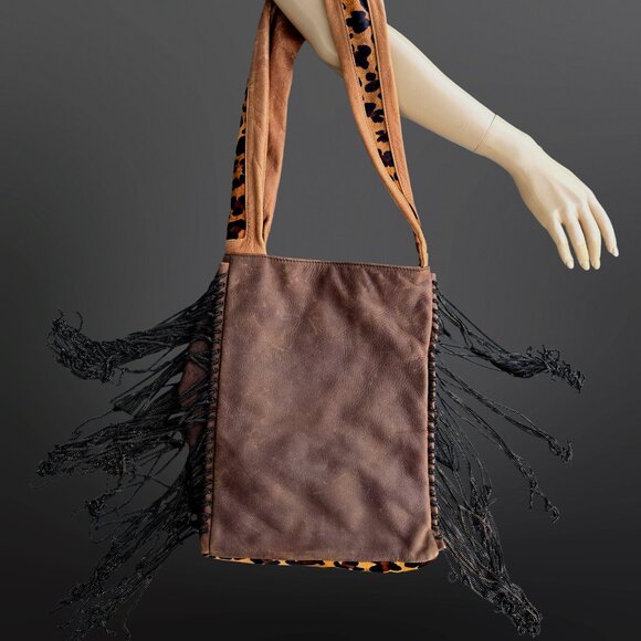 House Of Harlow 1960 Boho Brown Leather Leopard Calf Hair Bag Chain Fringe 2012 - Picture 3 of 11